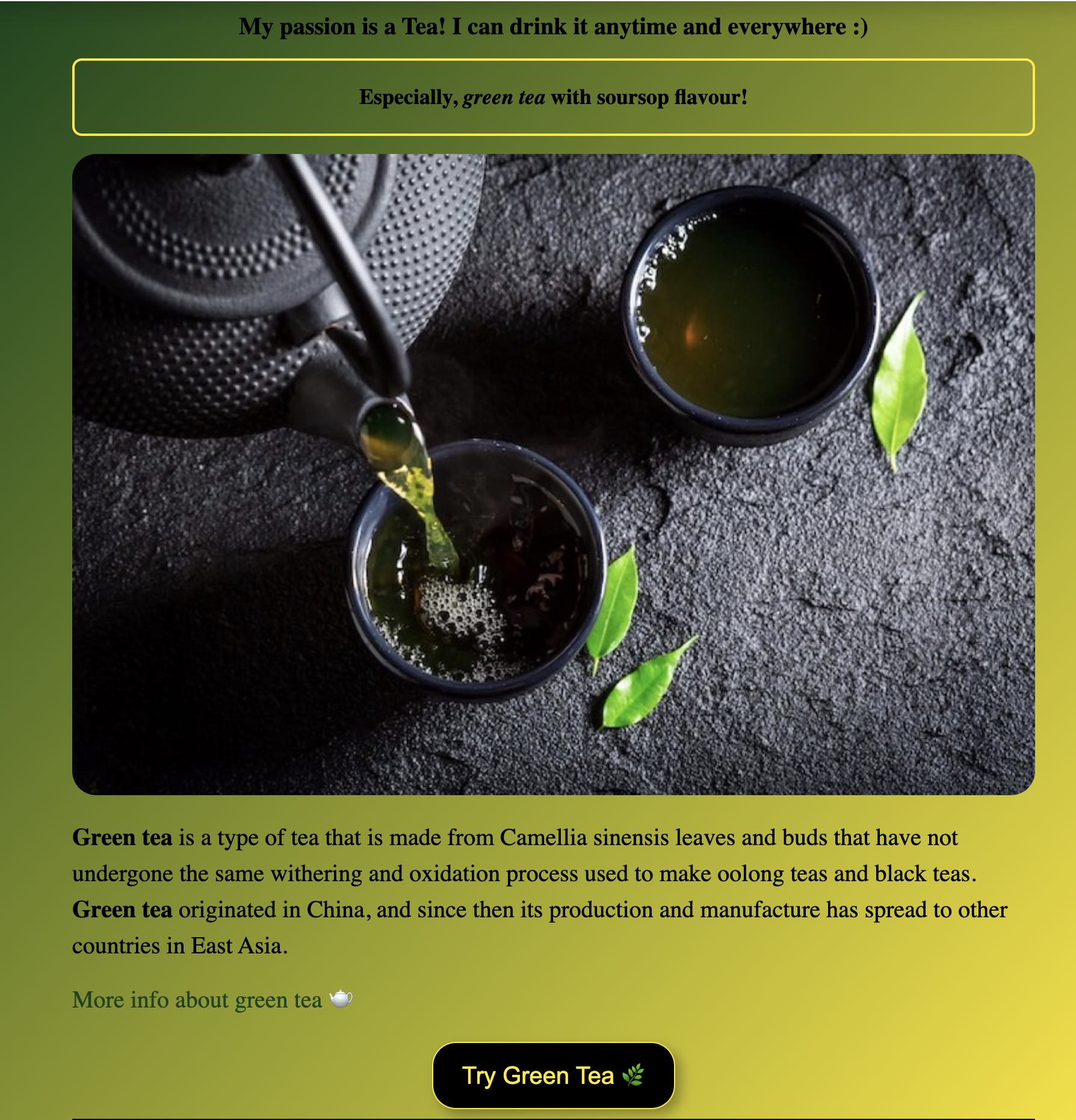 Landing page about green tea